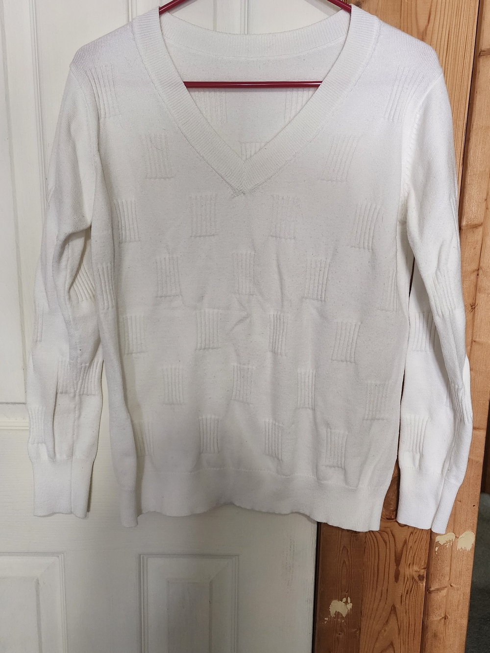 V-Neck White Textured Knit Sweater